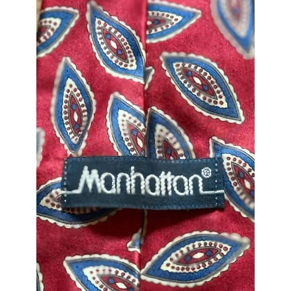 Vintage Manhattan Silk Tie Red Blue Geometric Leaf Medallion Made in USA Retro